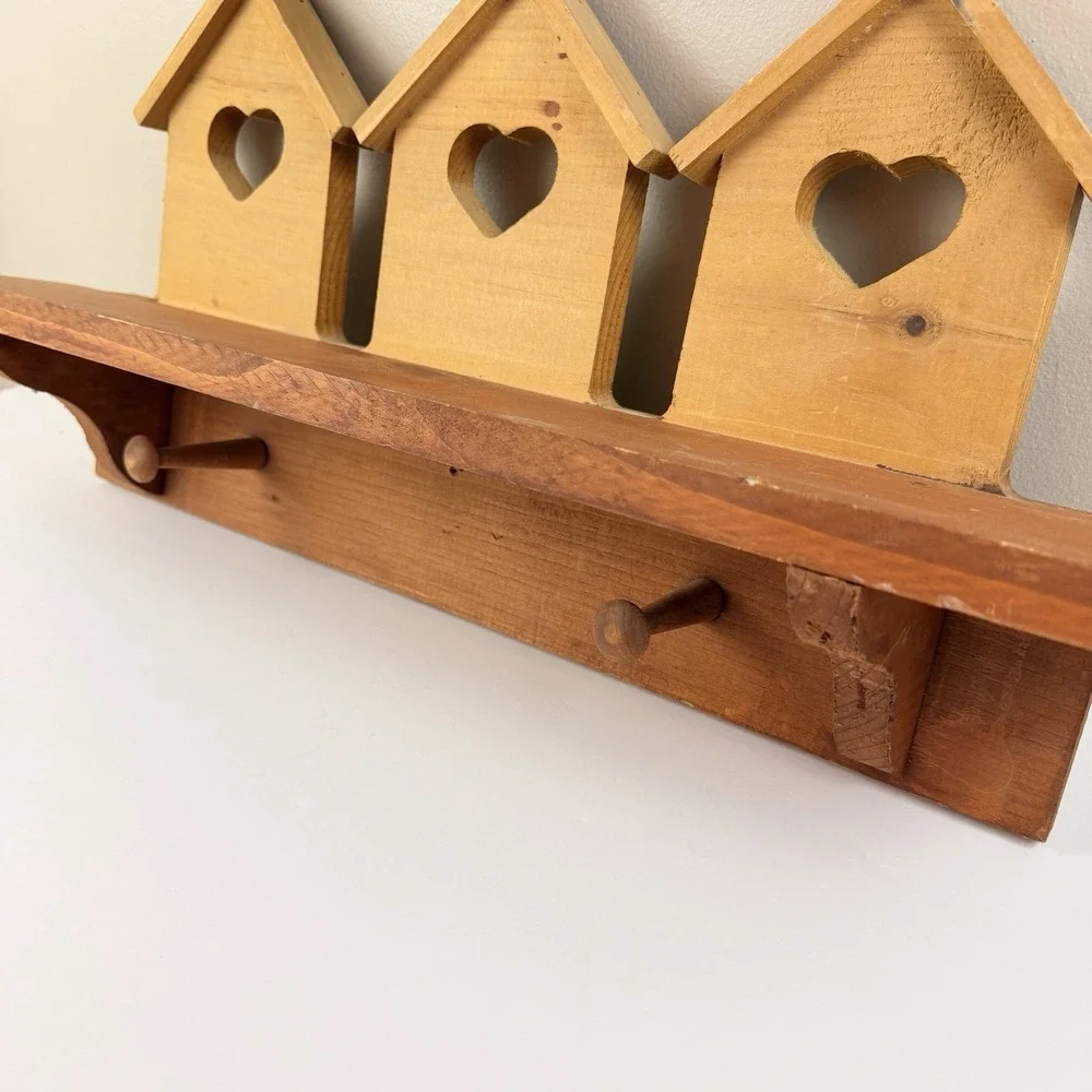 Vintage Wood Birdhouse Heart Wall Shelf Key Rack Peg Hooks Farmhouse Decor